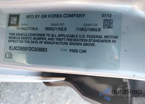 2013 Chevrolet Spark 1Lt Auto z USA, uszkodzony, nr VIN KL8CD6S91DC508863